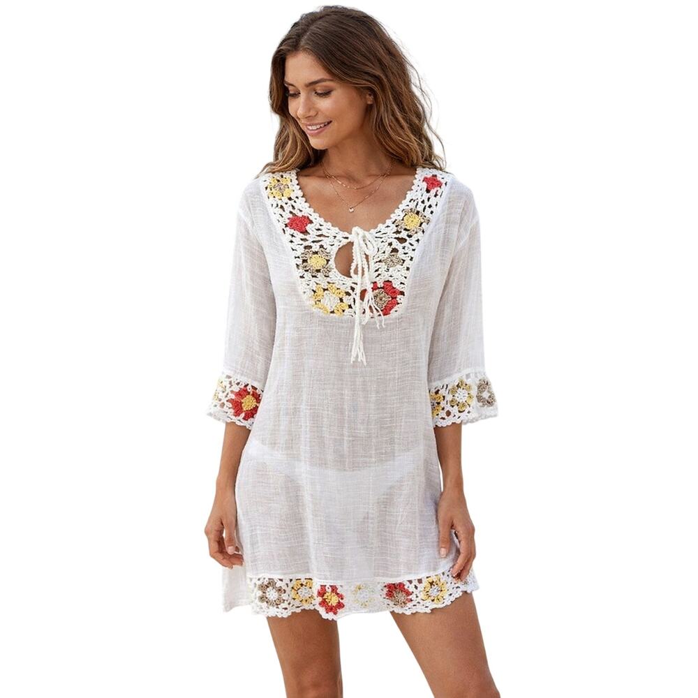 Beach by Exist Crochet Trim Cover-Up White L/XL Boho Swim Tunic
